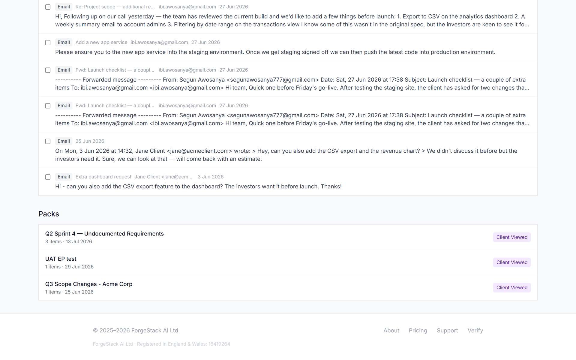 ForgeStack Evidence Inbox showing captured requests